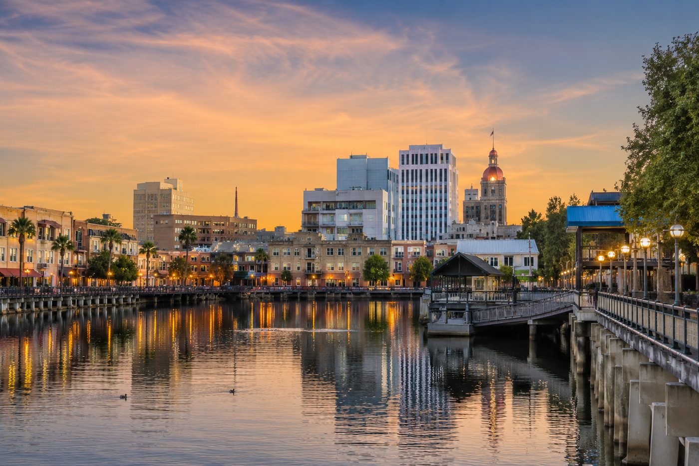 Stockton, California skyline at sunset